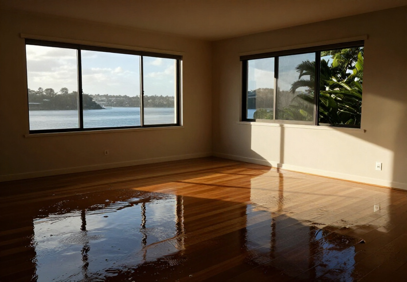 Flooded living room in Glenwood before restoration